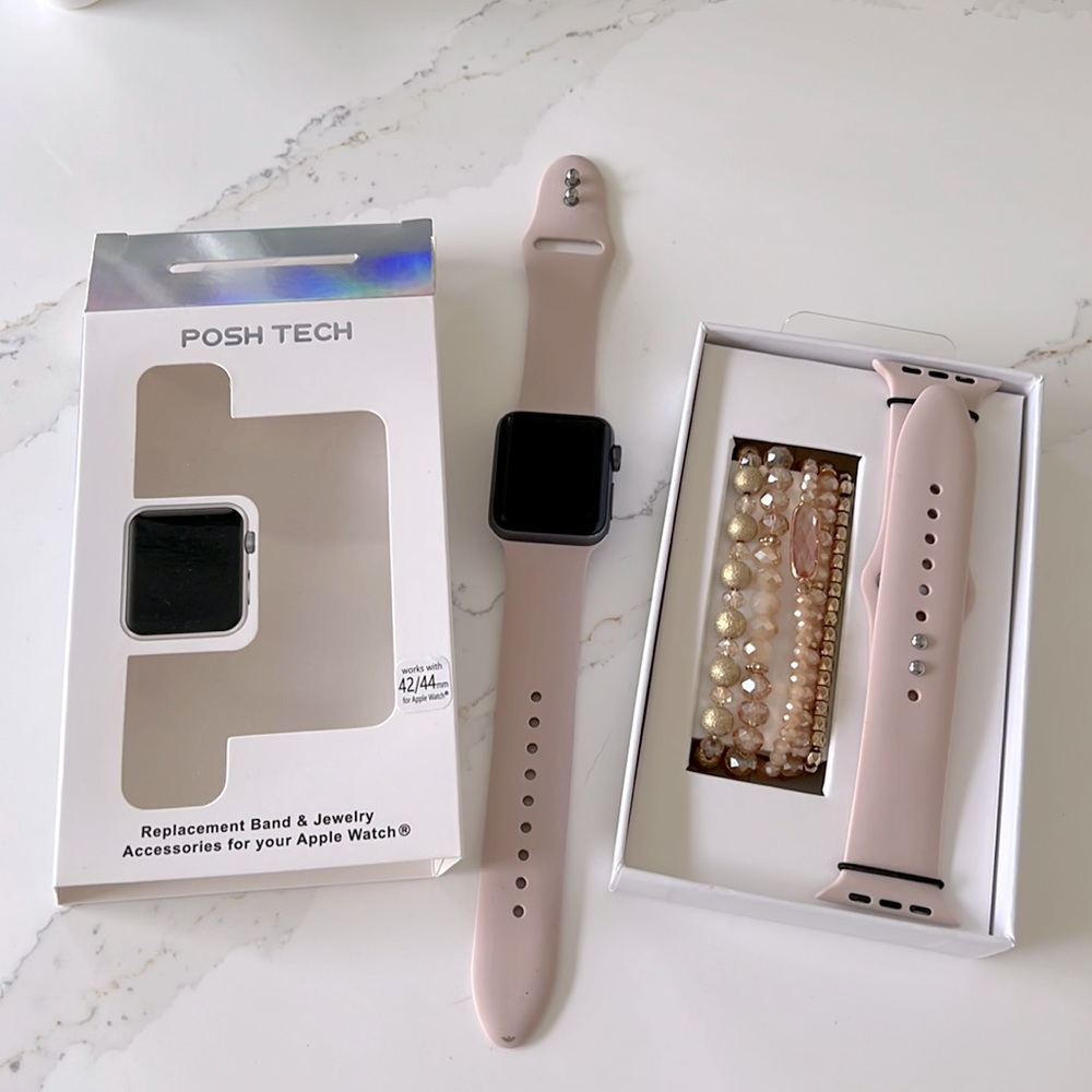 📦 Posh Tech Apple replacement band and jewelry | White & pink 🍑 NIB 42/44mm